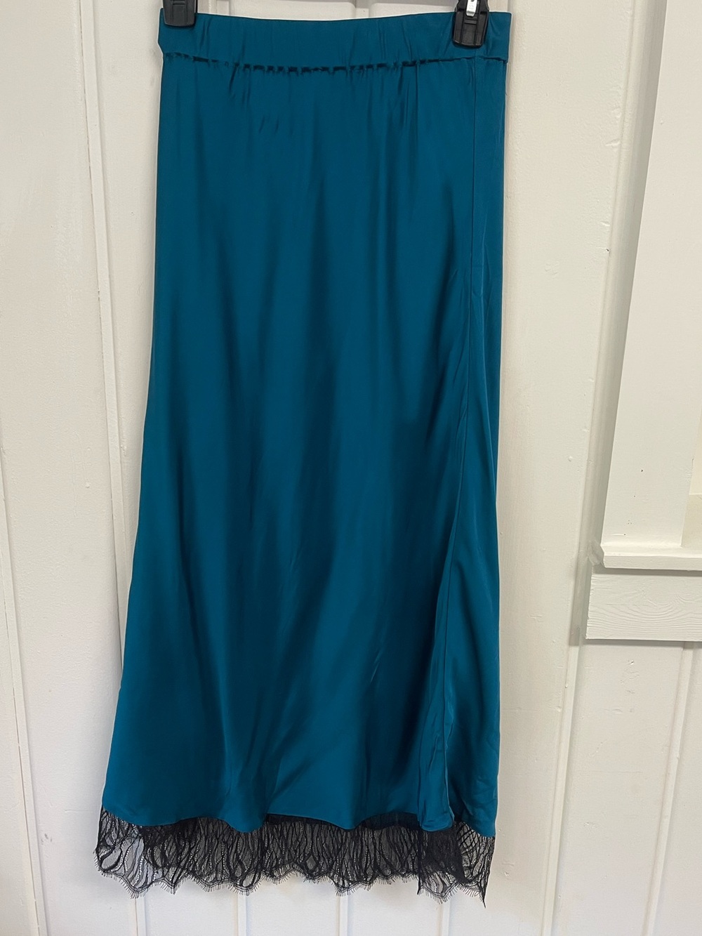 The Kooples Teal Blue Midi Skirt Black Lace Trim Size 1